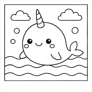 Página para colorear de narval kawaii nadando en el océano, lista para imprimir y pintar