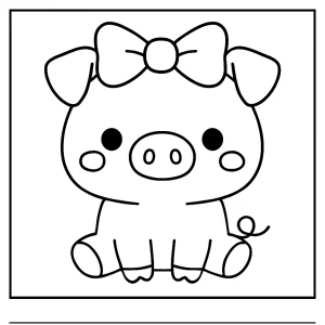 Página para colorear de un cerdito kawaii con lazo, ideal para imprimir y colorear gratis
