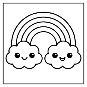 Página para colorear de arcoíris kawaii con nubes para imprimir gratis