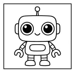 Página para colorear de un robot kawaii con ojos grandes, ideal para imprimir y colorear.