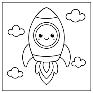 Cohete kawaii con ventana sonriente página para colorear, dibujo imprimible para niños