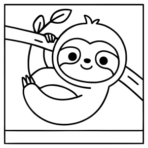 Página para colorear de un perezoso kawaii colgado de una rama, ideal para imprimir y colorear