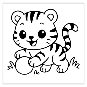 Página para colorear de un tigre kawaii jugando, ideal para imprimir y colorear gratis