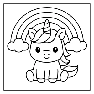 Página para colorear de unicornio kawaii con arcoíris, ideal para imprimir y colorear