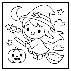Página para colorear de brujita kawaii volando en una escoba, ideal para imprimir y pintar