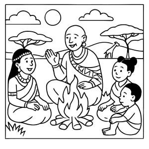 Página para colorear de niños y ancianos contando historias junto al fuego en la sabana de Kenia, rodeados de animales y naturaleza africana.