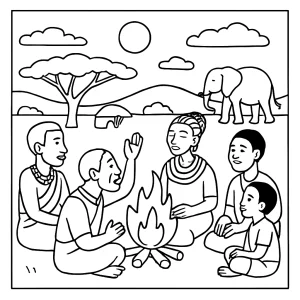 page de coloriage représentant une famille kenyane racontant des histoires autour d’un feu dans la savane, avec des animaux africains