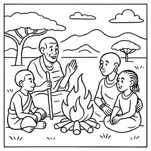 página para colorear de cuentacuentos en la sabana de Kenia con fogata, niños y adultos compartiendo historias