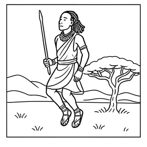Página para colorear de un guerrero Maasai saltando adumu junto a un árbol de acacia bajo el cielo africano
