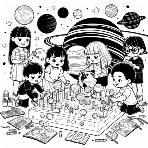 Página para colorear de niños construyendo un modelo del sistema solar con planetas y estrellas