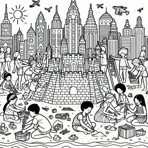 Page de coloriage d'enfants construisant une cité de sable futuriste avec des tours, idéale pour stimuler la créativité
