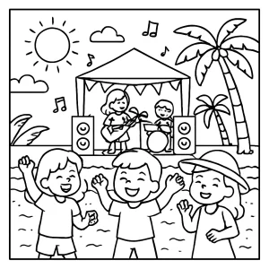 Kids enjoying beach music festival coloring page with children dancing, playing instruments, and celebrating on the sand