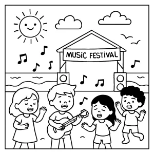 Kids enjoying a beach music festival coloring page with instruments, dancing, and summer decorations