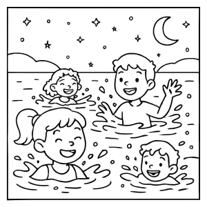 page de coloriage gratuite d'enfants nageant dans une eau bioluminescente la nuit