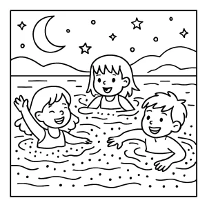 Niños nadando en aguas bioluminiscentes página para colorear gratis para imprimir