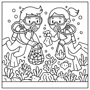 página para colorear de niños disfrutando una limpieza de arrecife de coral bajo el mar