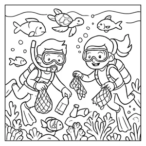 Página para colorear de niños buceando y limpiando un arrecife de coral con peces y basura marina
