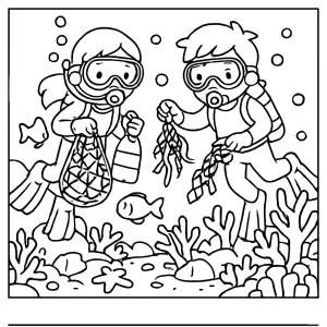 Página para colorear de niños buceando y limpiando el arrecife de coral