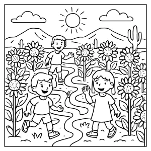 Niños explorando laberinto de girasoles en el desierto, página para colorear para imprimir