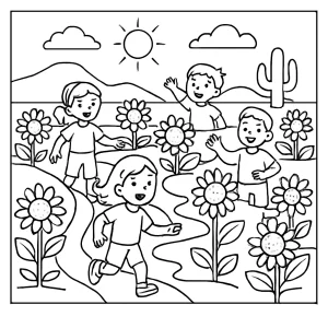 Página para colorear con niños jugando en un laberinto de girasoles en el desierto