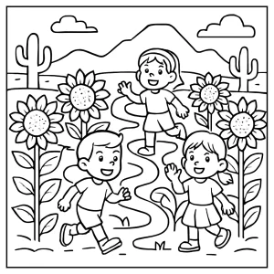 Página para colorear de niños jugando en un laberinto de girasoles del desierto