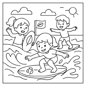 Página para colorear de niños en competencia de eco-surf, lista para imprimir y colorear