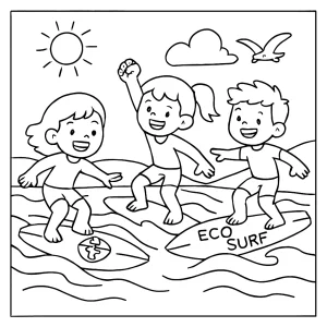 Niños en competencia de eco-surf en la playa, página para colorear gratis para imprimir
