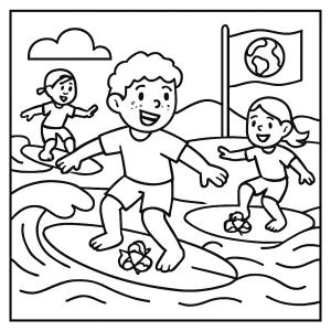 página para colorear de niños disfrutando una competencia de eco-surf en la playa