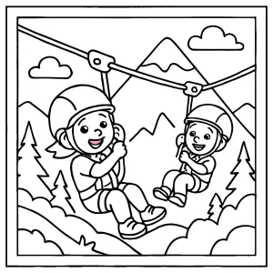 page de coloriage montrant des enfants profitant d'une tyrolienne en montagne, à imprimer gratuitement