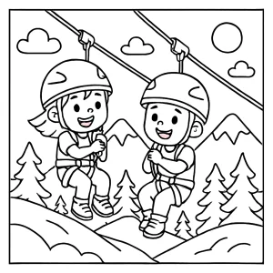 Página para colorear de niños disfrutando una aventura de tirolesa en la montaña
