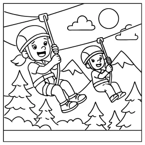 Página para colorear de niños disfrutando una tirolesa en la montaña