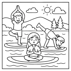 Página para colorear de niños haciendo yoga sobre paddleboards en el lago