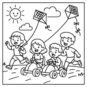página para colorear de niños disfrutando una carrera de cometas impulsadas por energía solar