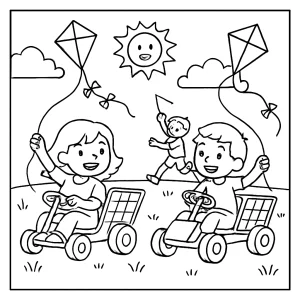 Página para colorear de niños disfrutando una carrera de cometas solares en un parque