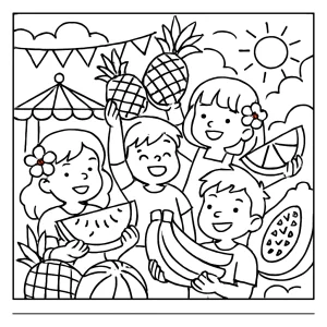 Página para colorear de niños celebrando un carnaval de frutas tropicales con piñas, sandías y mangos