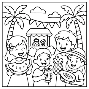 Página para colorear de niños disfrutando un carnaval de frutas tropicales