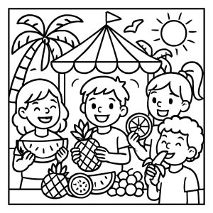 Página para colorear de niños en un carnaval con frutas tropicales, lista para imprimir y colorear.