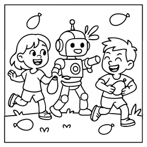 página para colorear de niños y robots jugando a la guerra de globos de agua