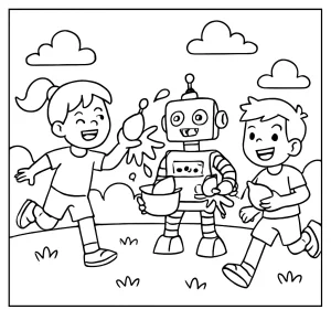 Página para colorear de niños jugando guerra de globos de agua con robots en un parque