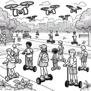 Página para colorear de niños en hoverboards en el parque con drones volando y árboles de fondo