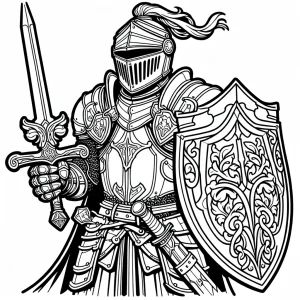 página para colorear de un caballero valiente con espada y escudo, lista para imprimir y colorear