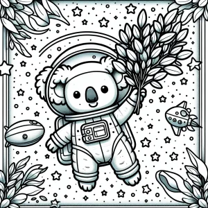 Página para colorear de koala astronauta flotando en el espacio con hojas de eucalipto y estrellas