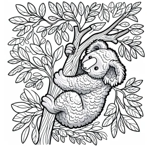 Dibujo de un koala colgado en la rama de un árbol para colorear
