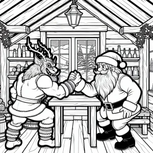 Santa y Krampus compitiendo en pulso en el Polo Norte, página para colorear para imprimir gratis