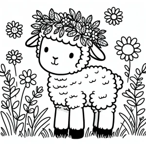 Página para colorear de un corderito con corona de hojas en un prado con margaritas