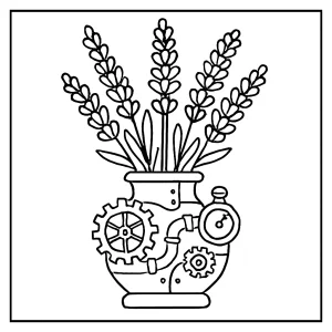 Página para colorear de un jarrón steampunk decorado con flores de lavanda