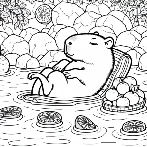 Página para colorear de capibara relajada en aguas termales con frutas cítricas flotando