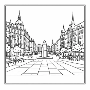 Freedom Square in Brno coloring page featuring historic buildings and open square in a line art, printable for kids and adults.