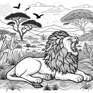 Página para colorear de un león rugiente en la sabana africana, ideal para niños y adultos