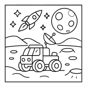 Lunar Rover Road Trip página para colorear gratis para niños con ilustración de un rover viajando por la Luna